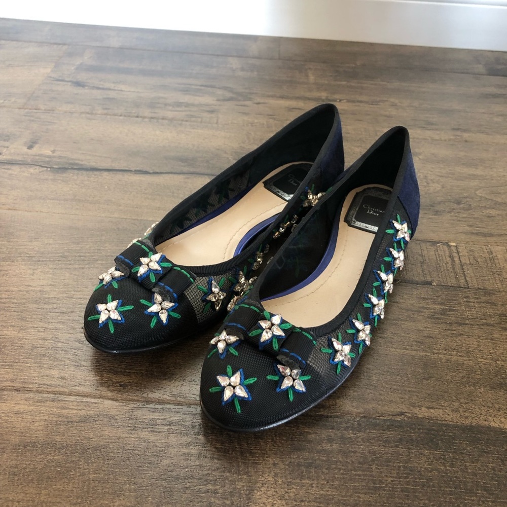 CHRISTIAN DIOR FLATS WITH CRYSTAL FLOWERS